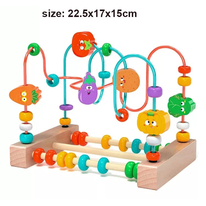 A wooden bead maze toy with colorful beads and strings arranged on a wooden base for toddlers.