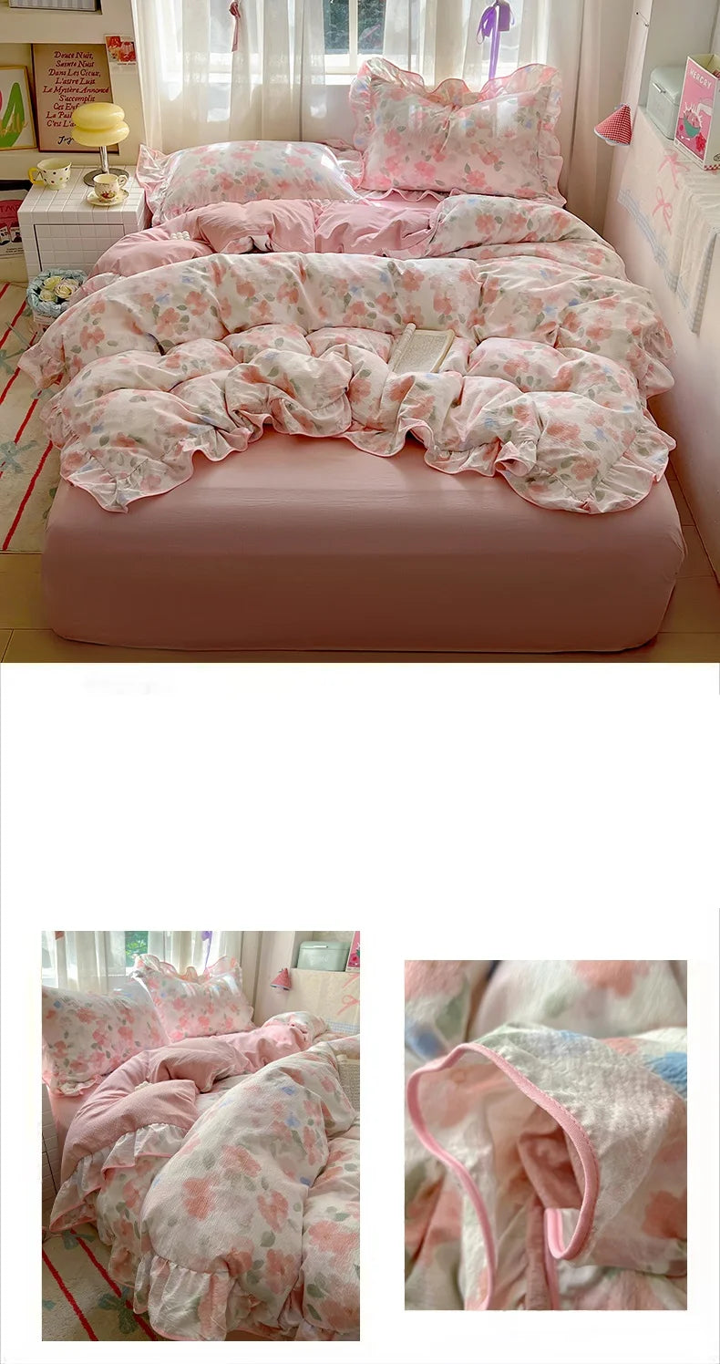 A pink floral duvet cover set with matching pillowcases and a flat sheet displayed on a bed.