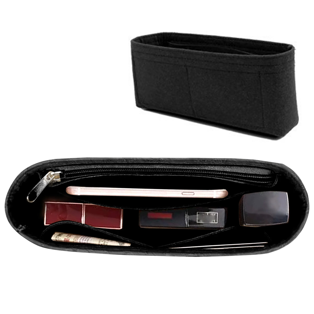 Black felt purse organizer insert with a zipper for handbags and totes