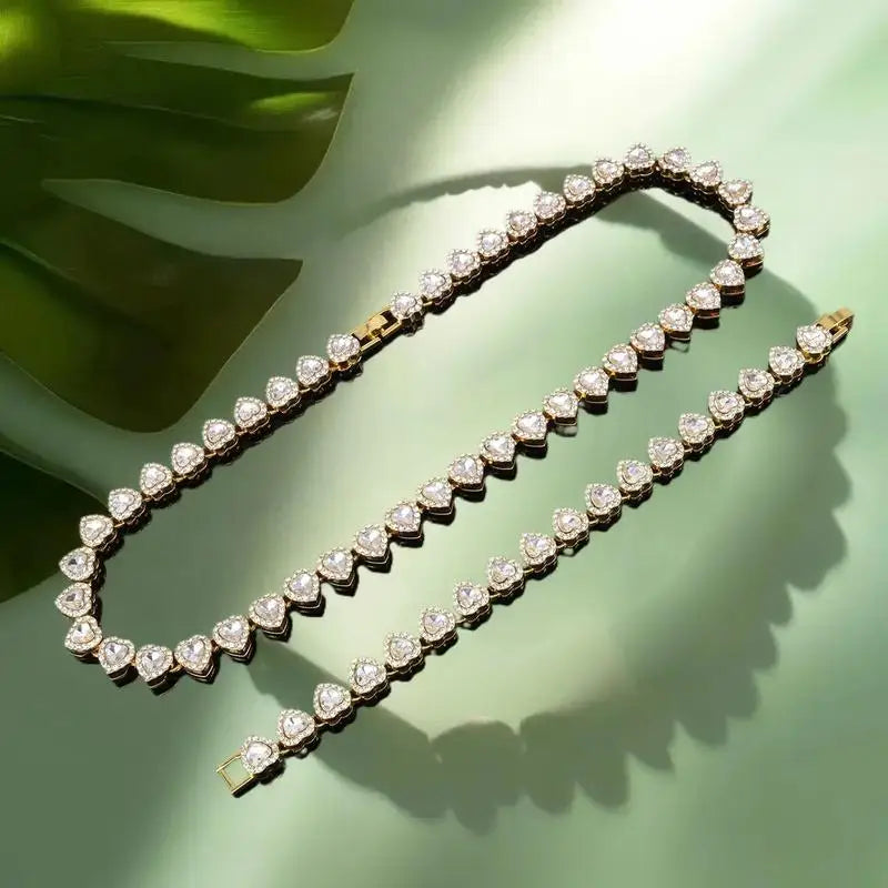 Heart Rhinestone Tennis Chain Necklace & Bracelet Set