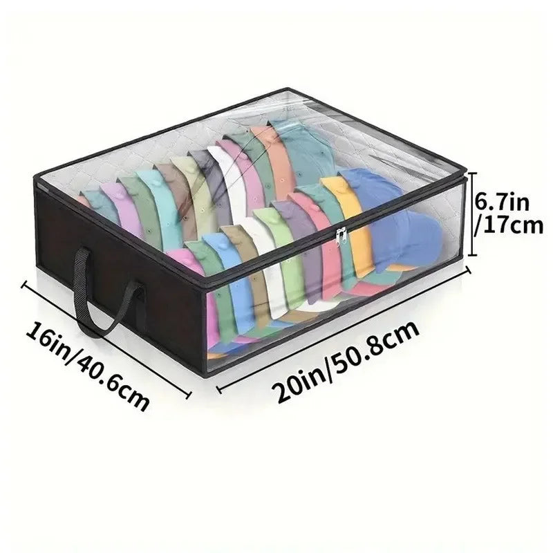 A black collapsible hat storage box filled with various colored hats.