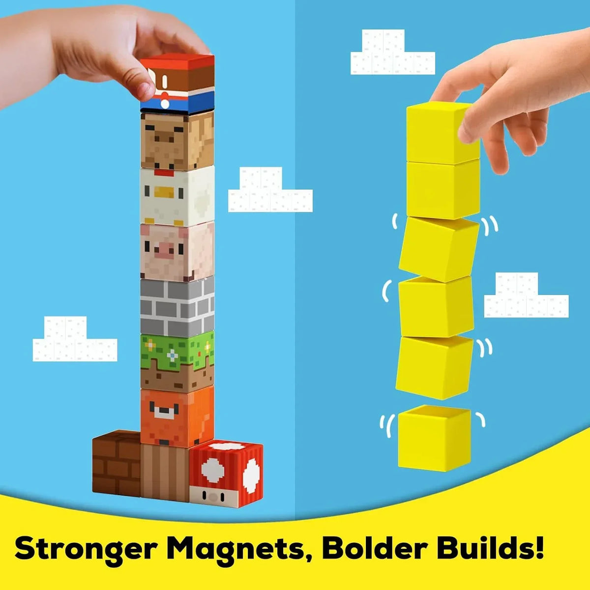 Hands are building a tall tower of colorful magnetic blocks, demonstrating stronger magnets for bold builds.
