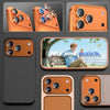 A set of orange and gold HD tempered glass camera lens protectors for iPhone devices.