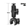 Black universal action camera clamp mount designed for bike and motorcycle handlebars.