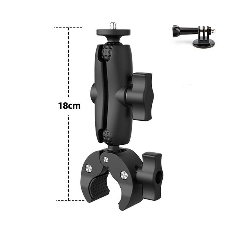 Black universal action camera clamp mount designed for bike and motorcycle handlebars.