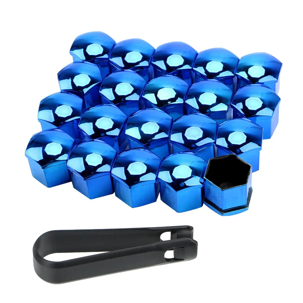 A set of twenty blue anti-rust wheel nut caps and a black tool is displayed.