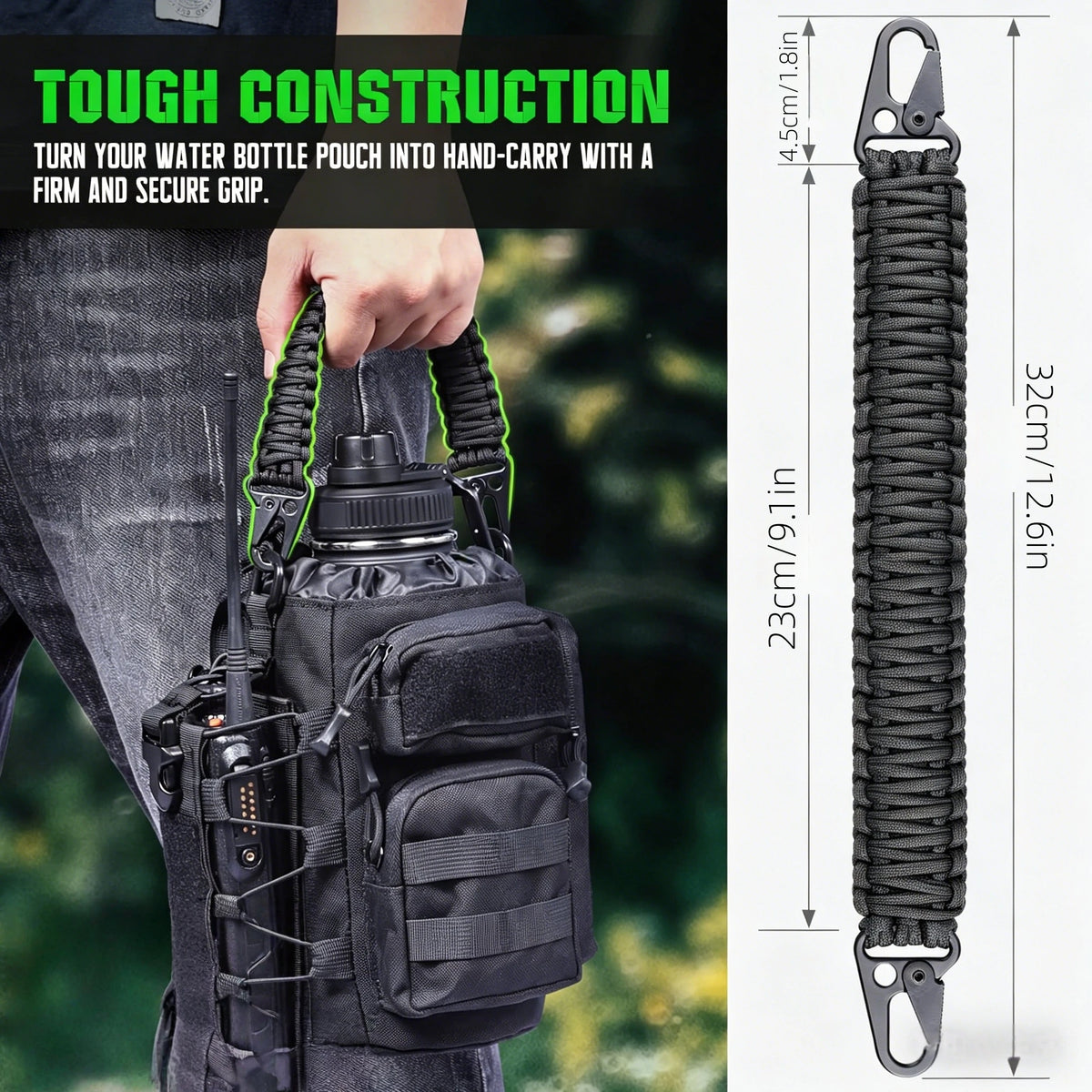A black water bottle pouch with a paracord handle and metal hook is shown being carried on a person's tactical bag.