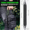 A black water bottle pouch with a paracord handle and metal hook is shown being carried on a person's tactical bag.