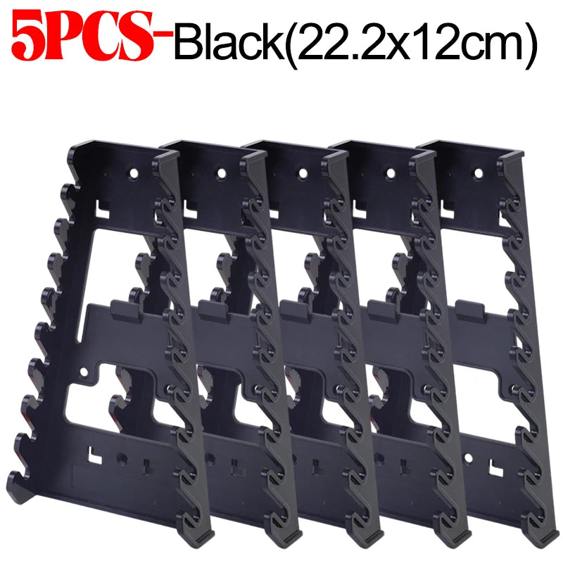 Five black heavy-duty ABS wrench organizer trays with multi-slot storage racks