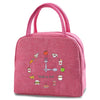 A pink insulated lunch bag featuring various food icons like a fork, sandwich, and fruit.