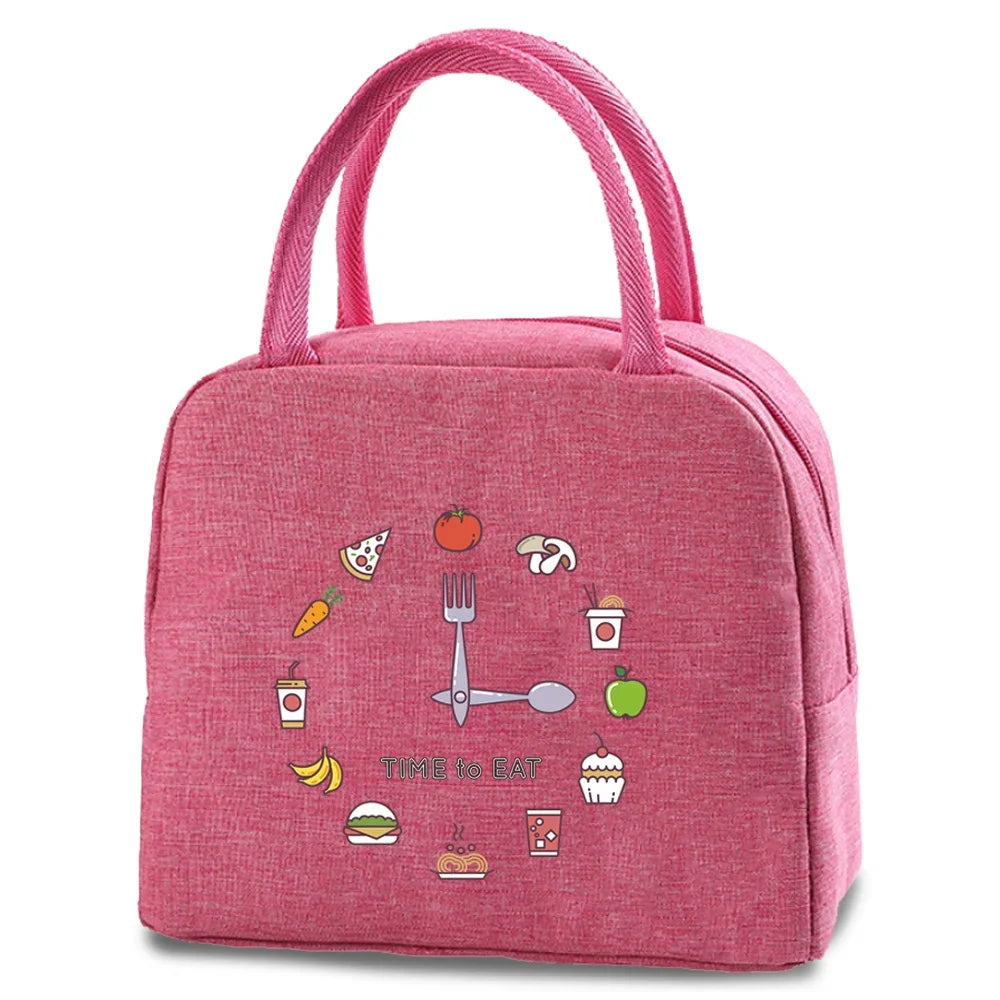 A pink insulated lunch bag featuring various food icons like a fork, sandwich, and fruit.