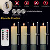 LED pillar candles with remote control and timer shown next to safety features and a remote control device