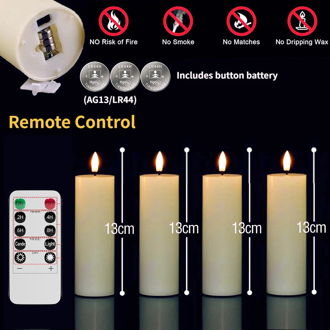 LED pillar candles with remote control and timer shown next to safety features and a remote control device