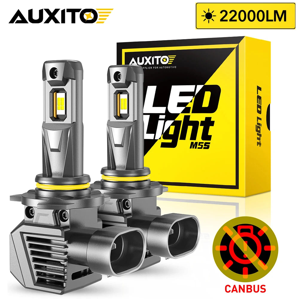 A yellow box and two LED headlight bulbs with a CANBUS connector are shown.