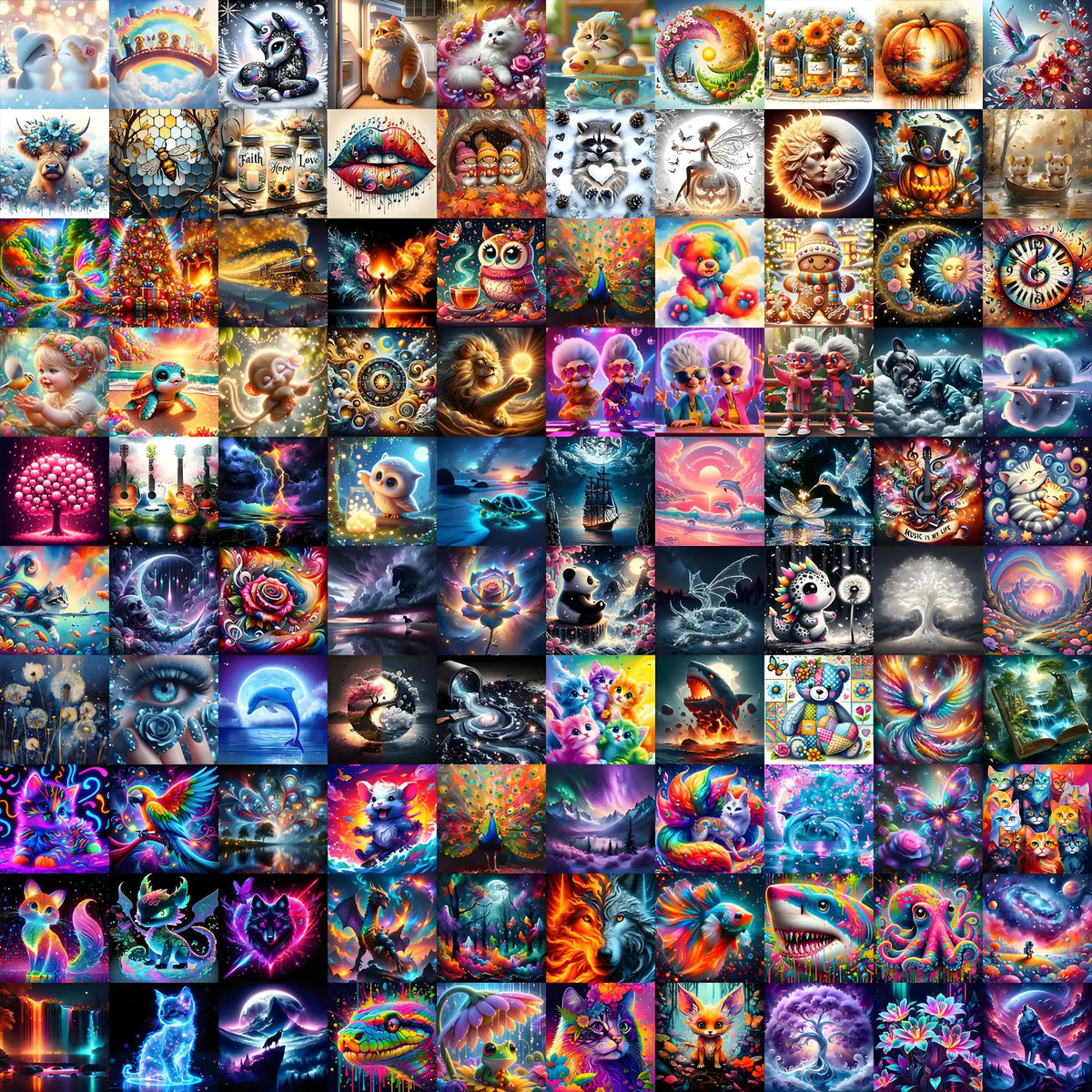 A grid of colorful diamond painting and cross stitch art featuring various cartoon and fantasy characters.