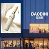 A white automatic folding umbrella is shown against a modern blue building facade.