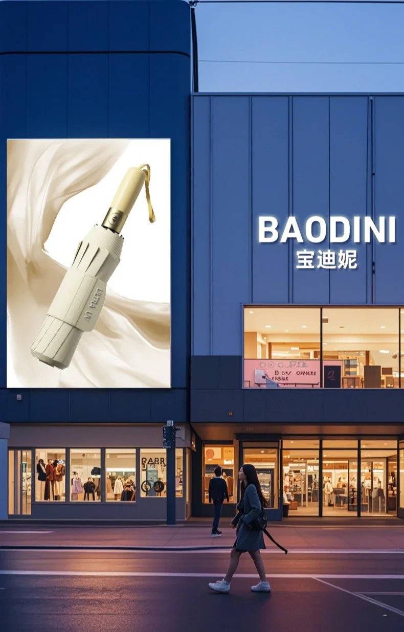 A white automatic folding umbrella is shown against a modern blue building facade.