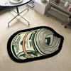 A black non-slip bathroom rug featuring a print of a hundred dollar bill.
