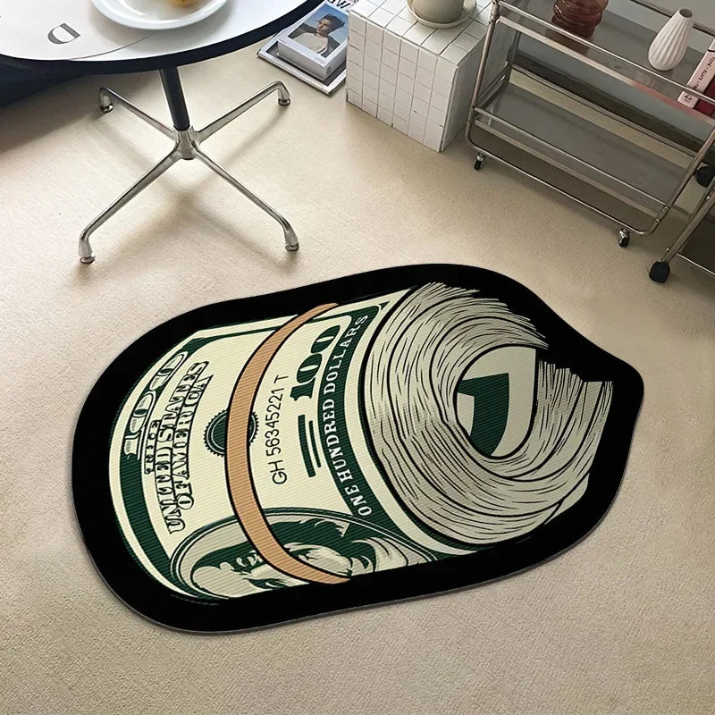 A black non-slip bathroom rug featuring a print of a hundred dollar bill.