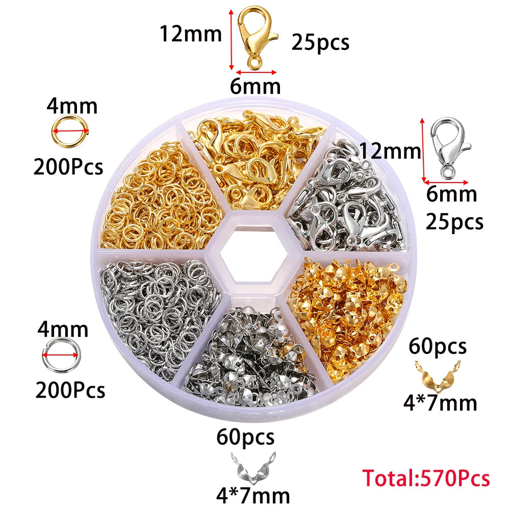 Jewelry making kit containing various gold and silver jump rings, clasps, and crimps for crafting.