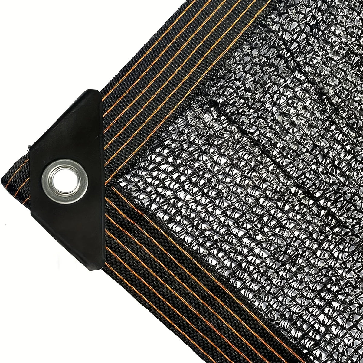 Black shade cloth with orange stripes and reinforced edges featuring grommets