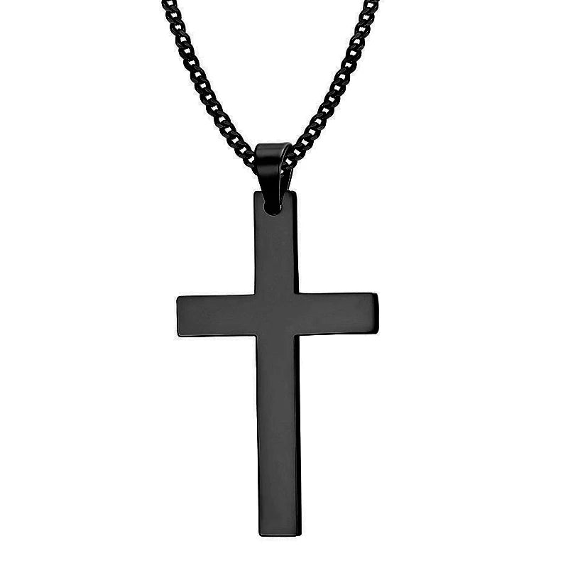 A black stainless steel cross pendant necklace with a chain.