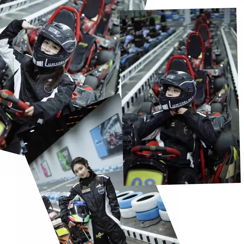A collage showing a person wearing a retro full-face motorcycle helmet in various shots.