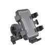 A black secure phone mount designed for bikes, featuring a large grip and a clear phone holder.