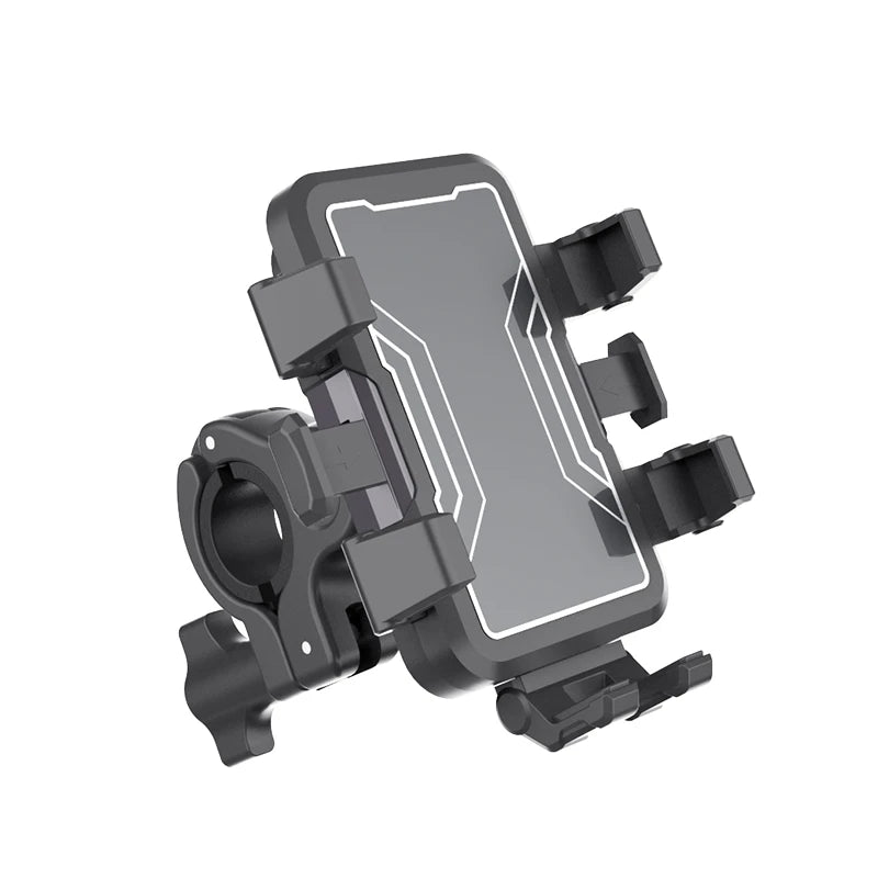 A black secure phone mount designed for bikes, featuring a large grip and a clear phone holder.