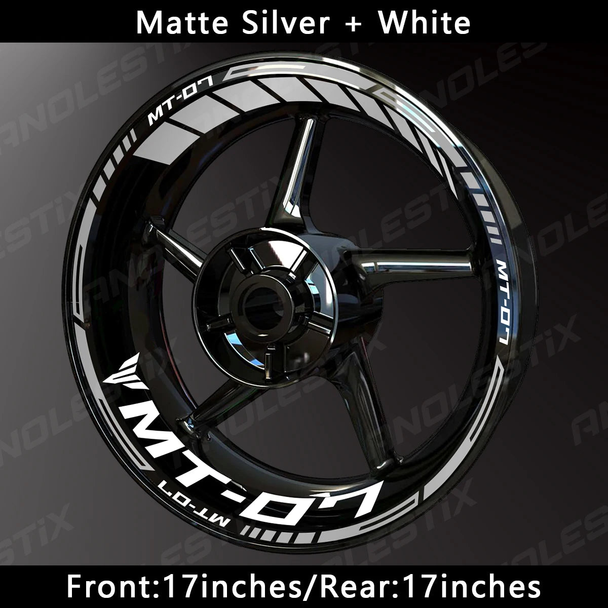 Matte silver and white reflective decals for a motorcycle wheel rim kit.