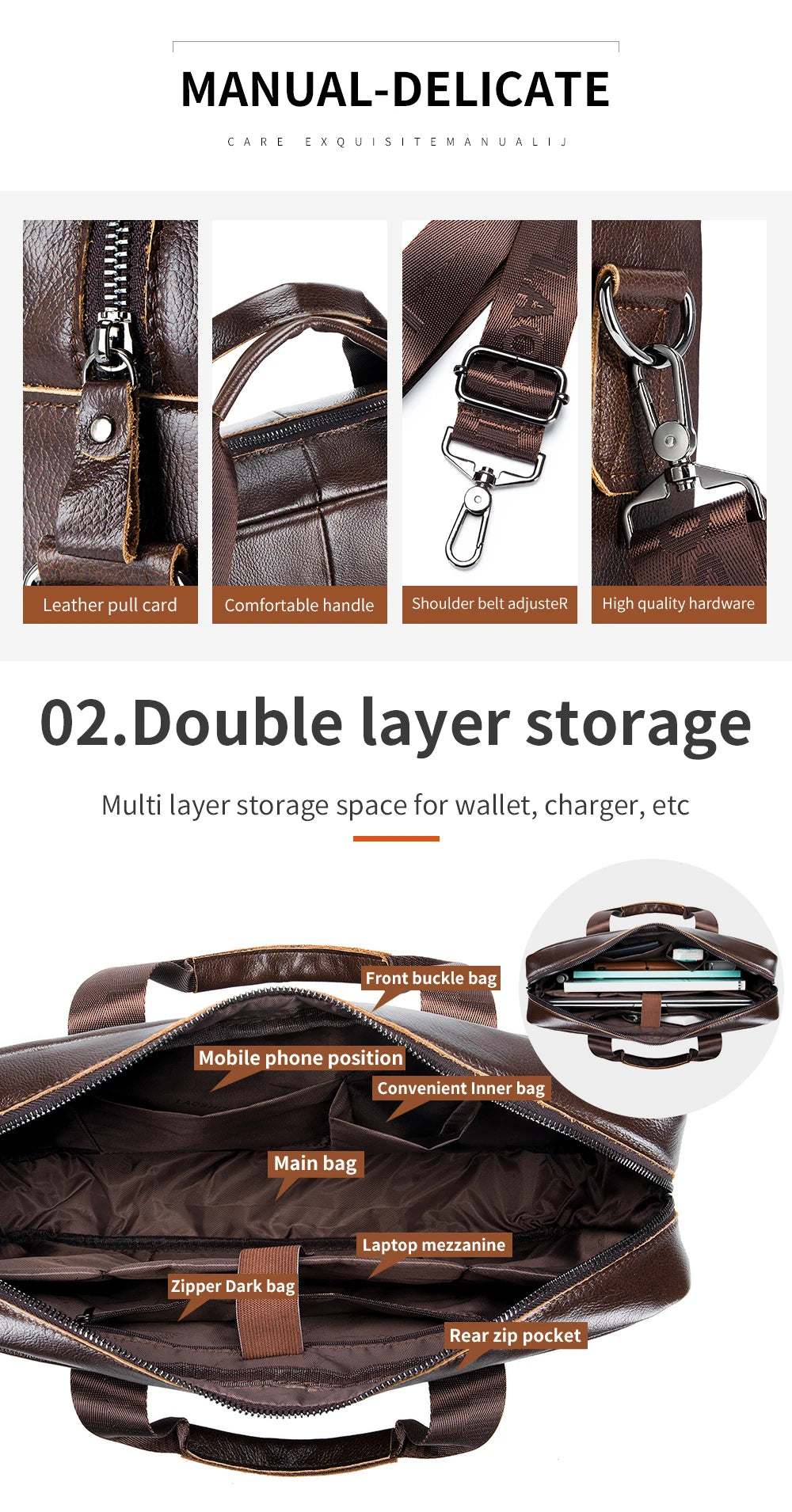 Genuine Leather Laptop Briefcase for Men – 14" Retro Cowhide Bag