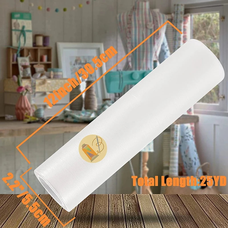 A roll of white water soluble embroidery stabilizer film with measurements indicating its length and width.