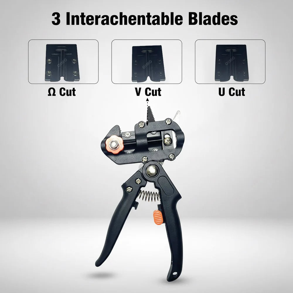 A precision grafting pruner with three interchangeable blades labeled Ω Cut, V Cut, and U Cut.