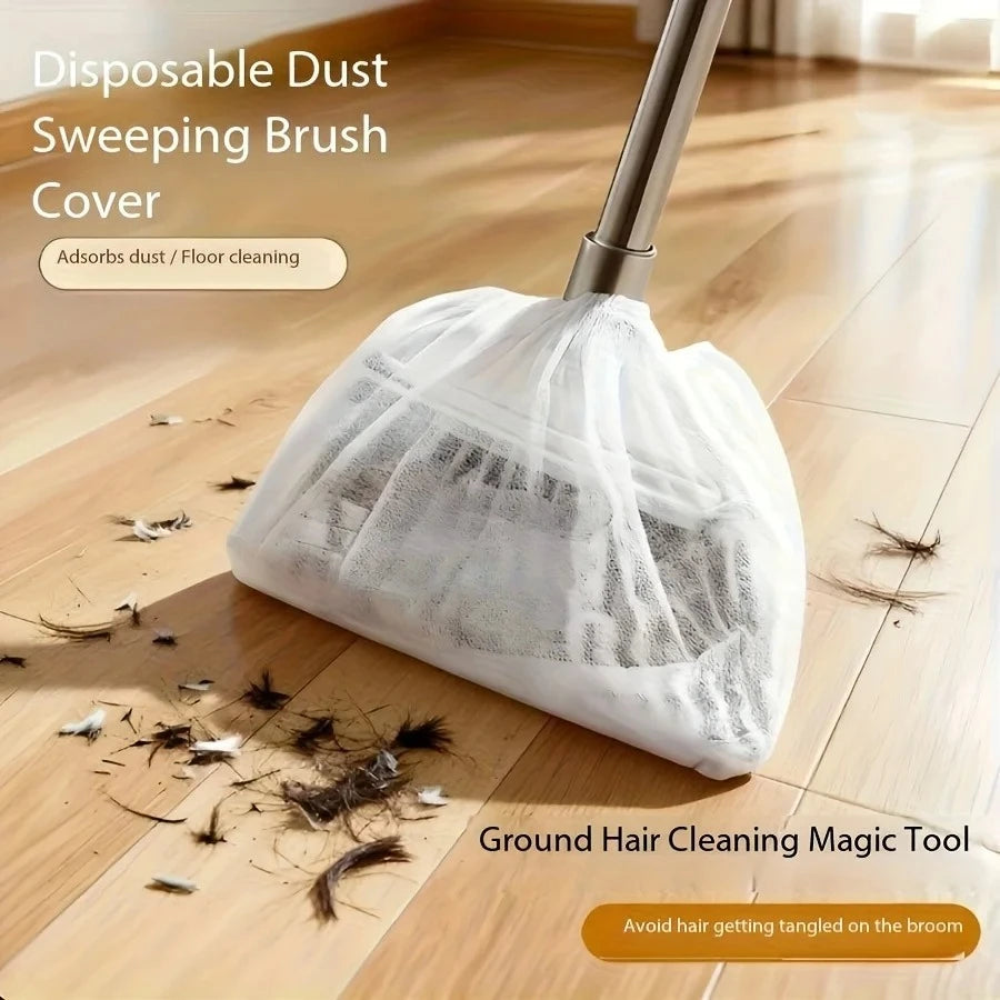 A white disposable dust sweeping brush cover is shown on a wooden floor, used for ground hair cleaning.