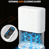 A white touchless trash can with a clear container showing an automatic bagging mechanism.
