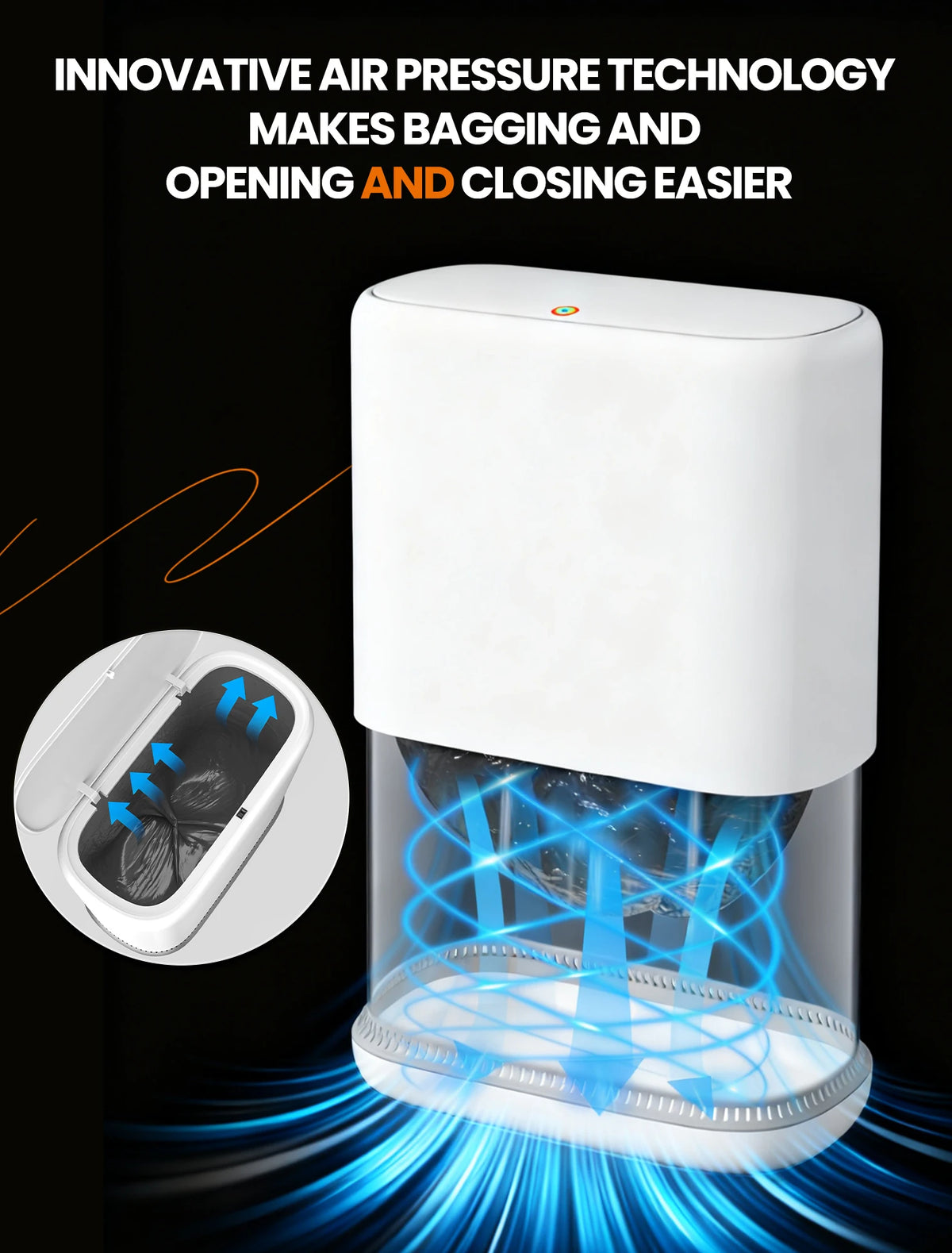 A white touchless trash can with a clear container showing an automatic bagging mechanism.
