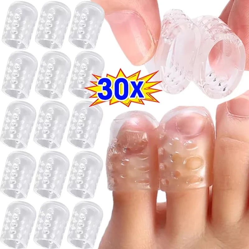 Gel toe caps shown on fingers, demonstrating blister prevention and comfort.