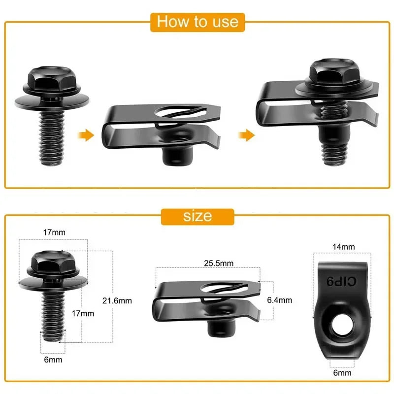 Diagram showing how to use U-nut clips and bolts for engine cover fastening, including size specifications.