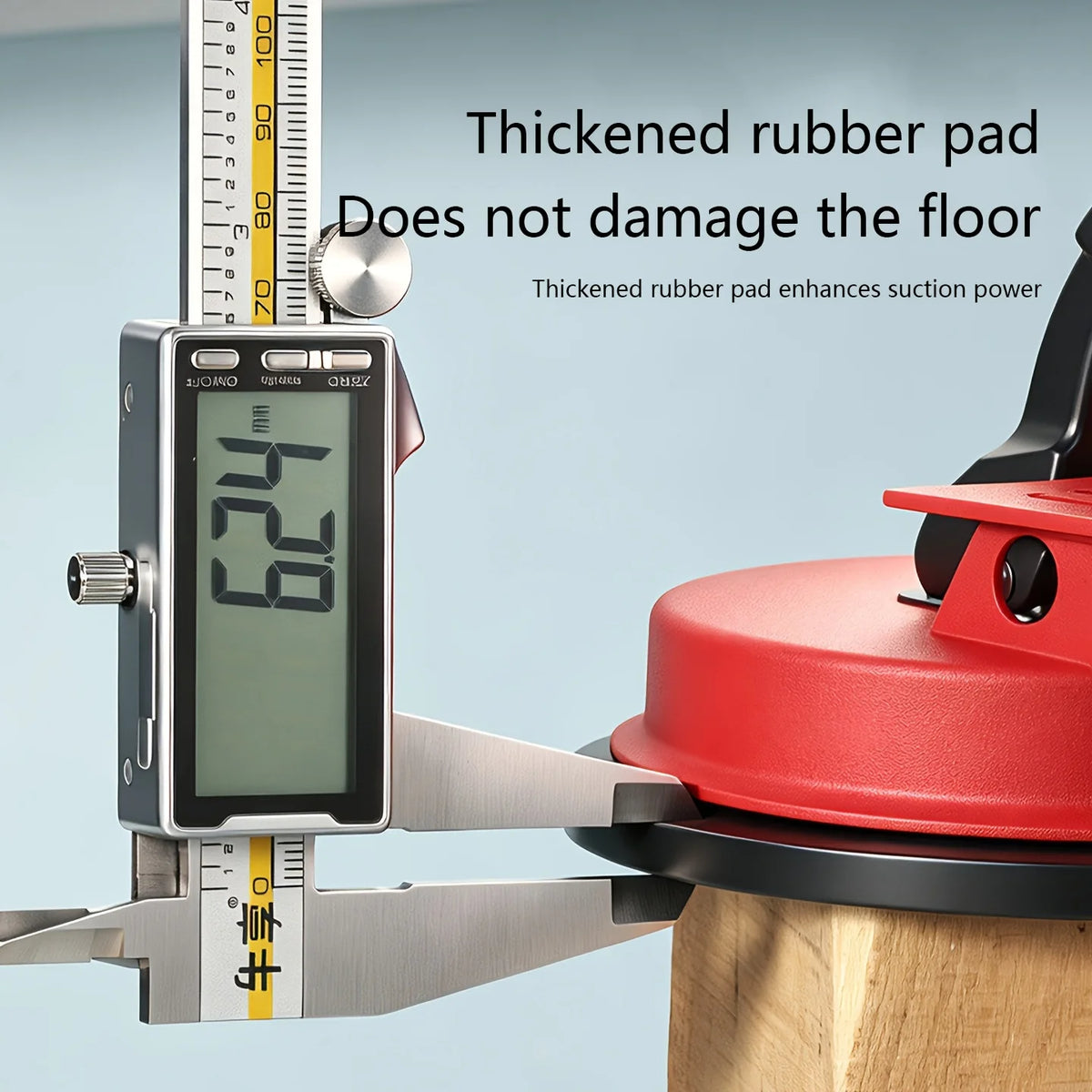 A heavy-duty floor gap fixer tool with a suction cup is shown measuring a surface.