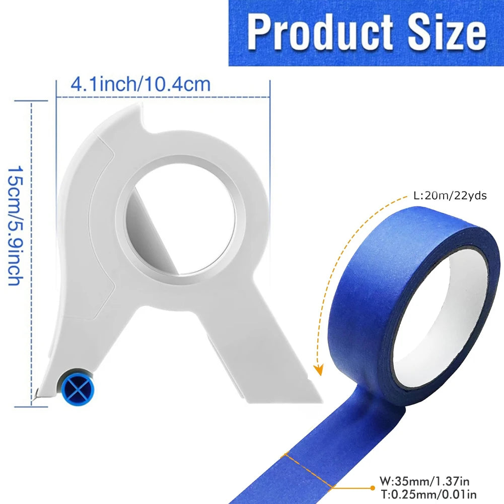 Herramienta aplicadora de cinta de enmascarar blanca con abertura circular y un rollo azul de cinta.