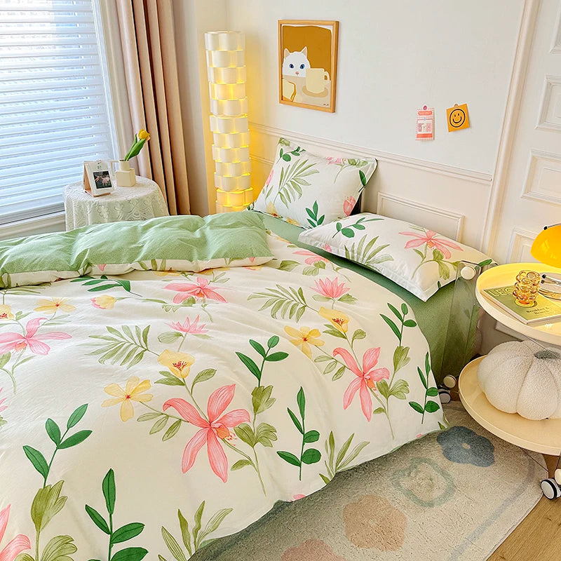 Floral Print 100% Cotton Duvet Cover Set with Two Pillow Shams