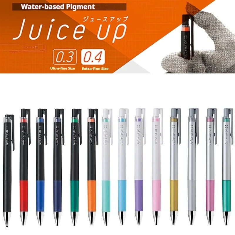 Ein Set von Pilot Juice Up wasserbasierten Pigmentgelstiften in verschiedenen Größen und Farben, auf weißem Hintergrund.