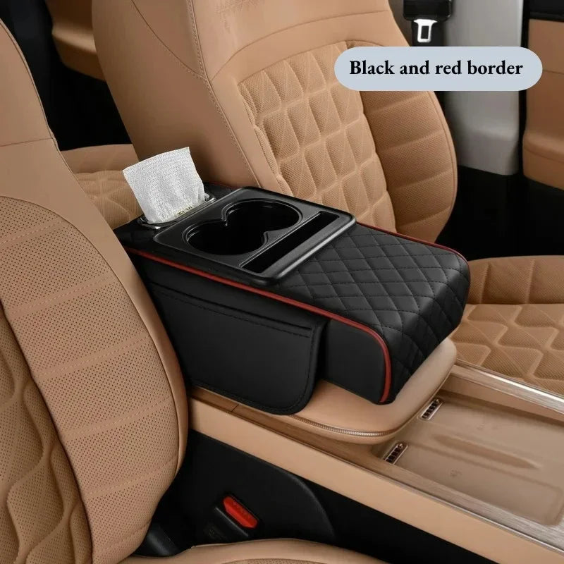 Black and red border car center console armrest cushion with cup holder and storage pockets