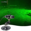 A black laser module is mounted on a base, emitting a bright green laser beam in a dark environment.