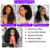Three styles of half wigs including a half wig, ponytail style, and headband style made from kinky curly human hair