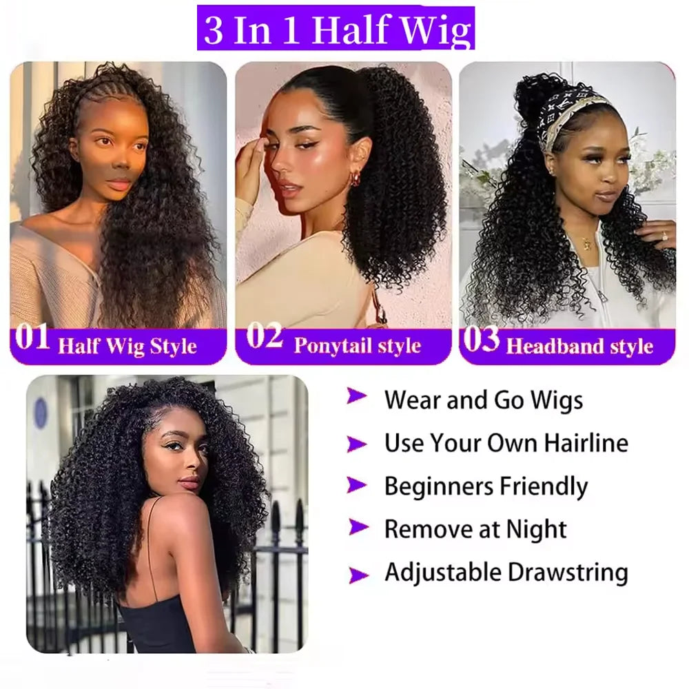 Three styles of half wigs including a half wig, ponytail style, and headband style made from kinky curly human hair