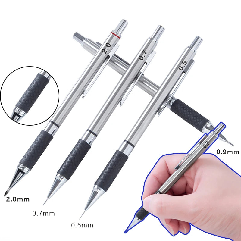 A set of professional metal mechanical pencils with various lead sizes and grips shown in a hand