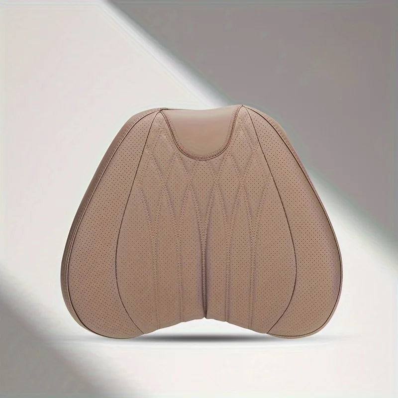Tan memory foam lumbar support and neck pillow set shown from the back