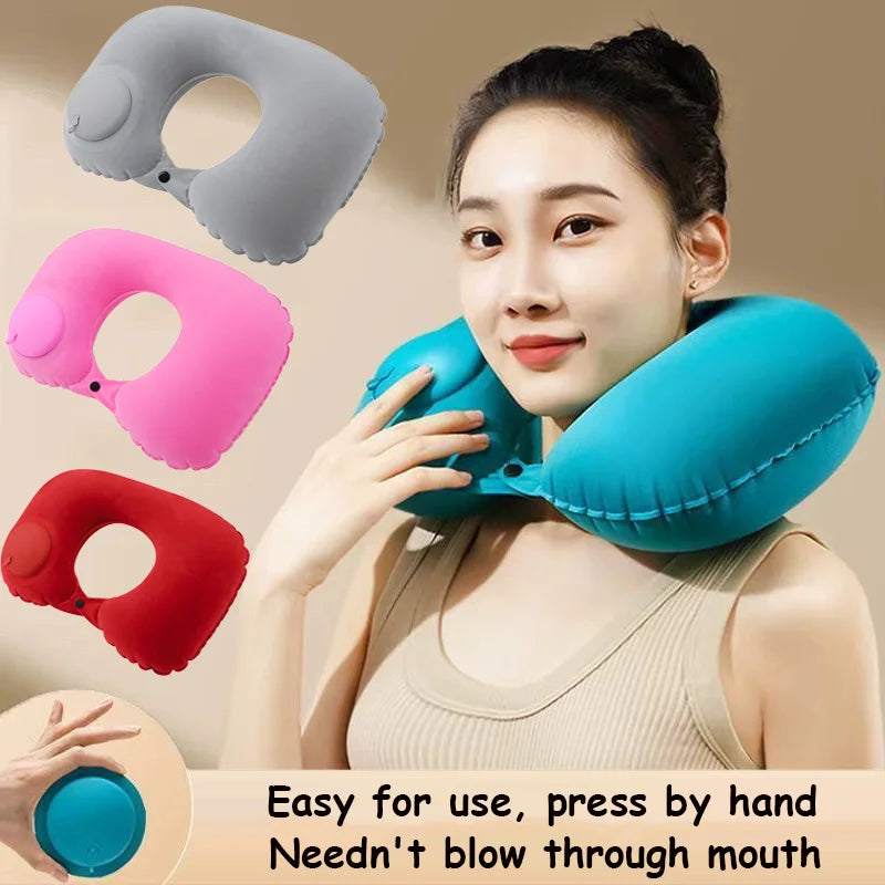 A woman is shown using a blue inflatable U-shaped travel neck pillow, with various colored pillows displayed nearby.