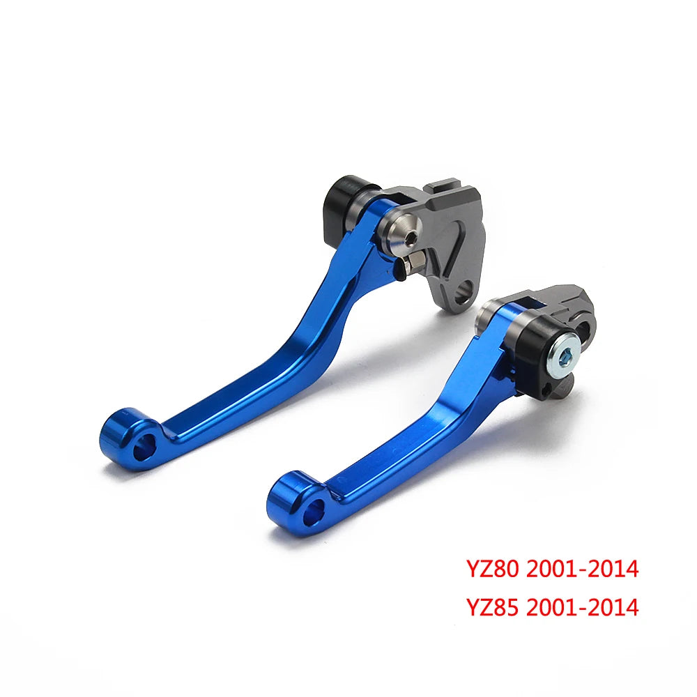 A pair of CNC aluminum brake and clutch lever sets for Yamaha dirt bikes, shown in blue and silver.